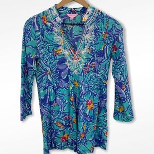 Lilly Pulitzer Blue Iris Mai Tai Beaded Tunic Top